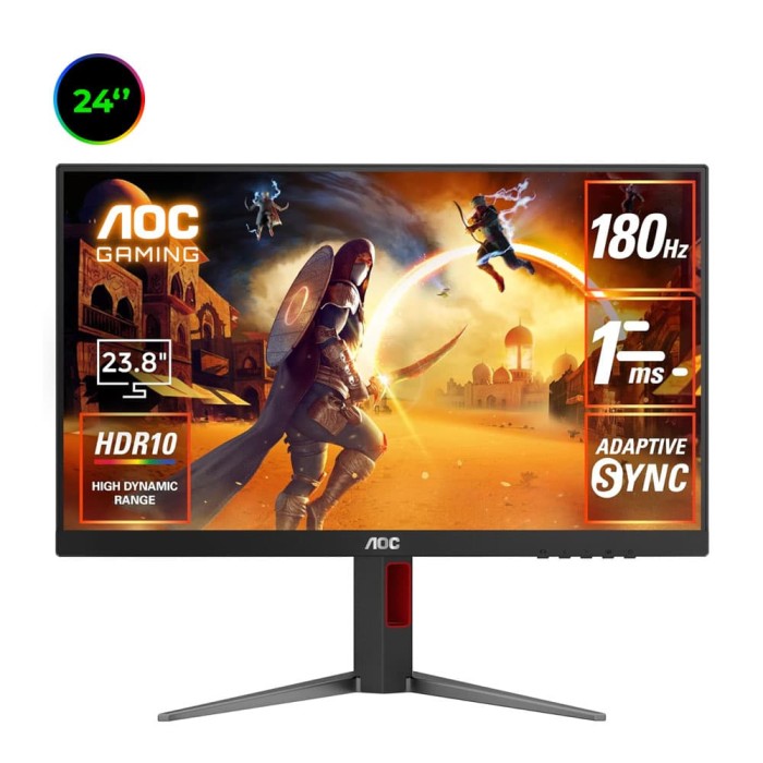 AOC 24G4
Full HD - 1 ms (MPRT) - Format 16/9 - Dalle IPS - 180 Hz - HDR10 - HDMI/DisplayPort AOC 24G4
Full HD - 1 ms (MPRT) - Format 16/9 - Dalle IPS - 180 Hz - HDR10 - HDMI/DisplayPort