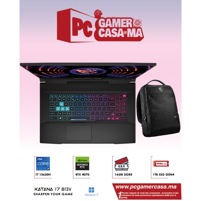 MSI Katana 17 B13VGK-1096MA 17.3” i7-13620H/16GB/1 TB SSD/RTX 4070 8GB -PC PORTABLE MSI Katana 17 B13VGK-1096MA 17.3” i7-13620H/16GB/1 TB SSD/RTX 4070 8GB -PC PORTABLE