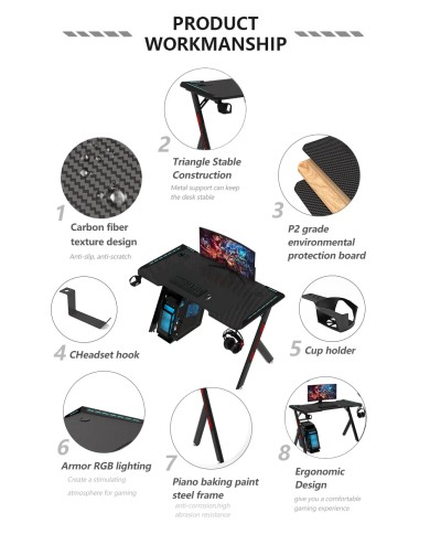 Table Gamer RGB Design Z Aor Esports. - Bureau Pc Ergonomique Maroc