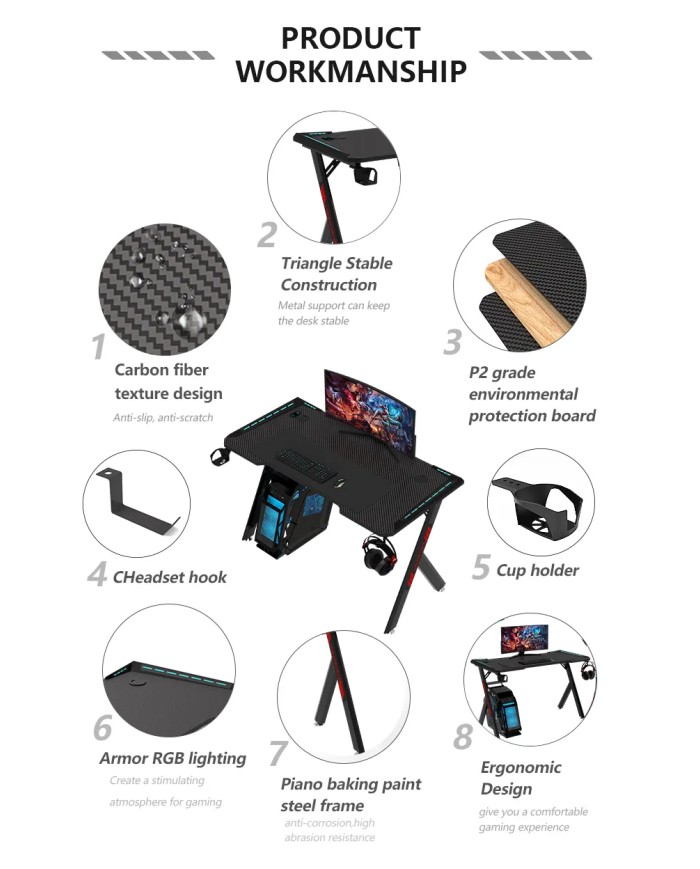 Table Gamer RGB Design Z Aor Esports. - Bureau Pc Ergonomique Maroc