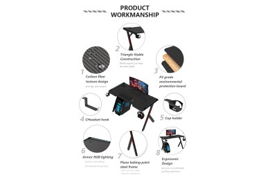 Table Gamer RGB Design Z Aor Esports. - Bureau Pc Ergonomique Maroc