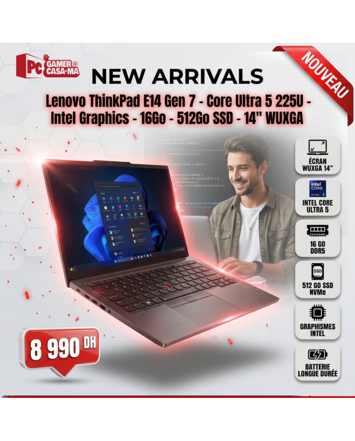 Lenovo ThinkPad E14 Gen 7 - Core Ultra 5 225U - Intel Graphics - 16Go - 512Go SSD - 14" WUXGA