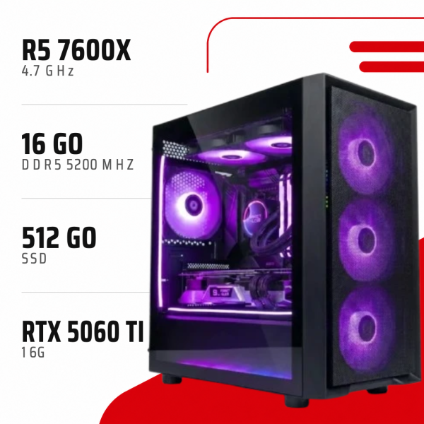 PC Gamer Ryzen 5 7600X/RTX 5060 Ti 16GB/16GB DDR5/512GB SSD