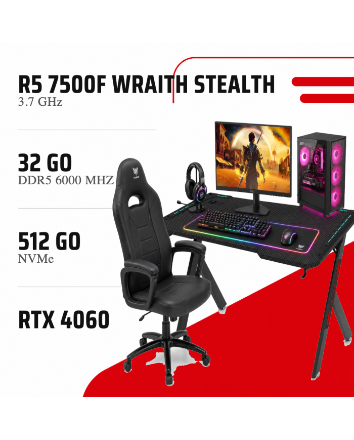 Pack Gaming AM5 - Ryzen 5 7500F - RTX 4060 + Écran 180Hz + Setup Complet