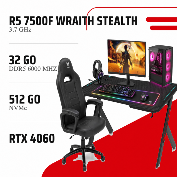 Pack Gaming AM5 - Ryzen 5 7500F - RTX 4060 + Écran 180Hz + Setup Complet
