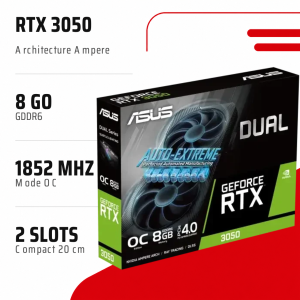 ASUS Dual RTX 3050 V2 OC - 8 Go GDDR6 - CARTE GRAPHIQUE - MAROC