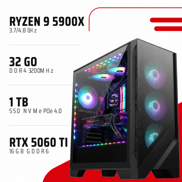 PC Gamer Ryzen 9 5900X/RTX 5060 Ti 16GB/32GB DDR4/1TB SSD